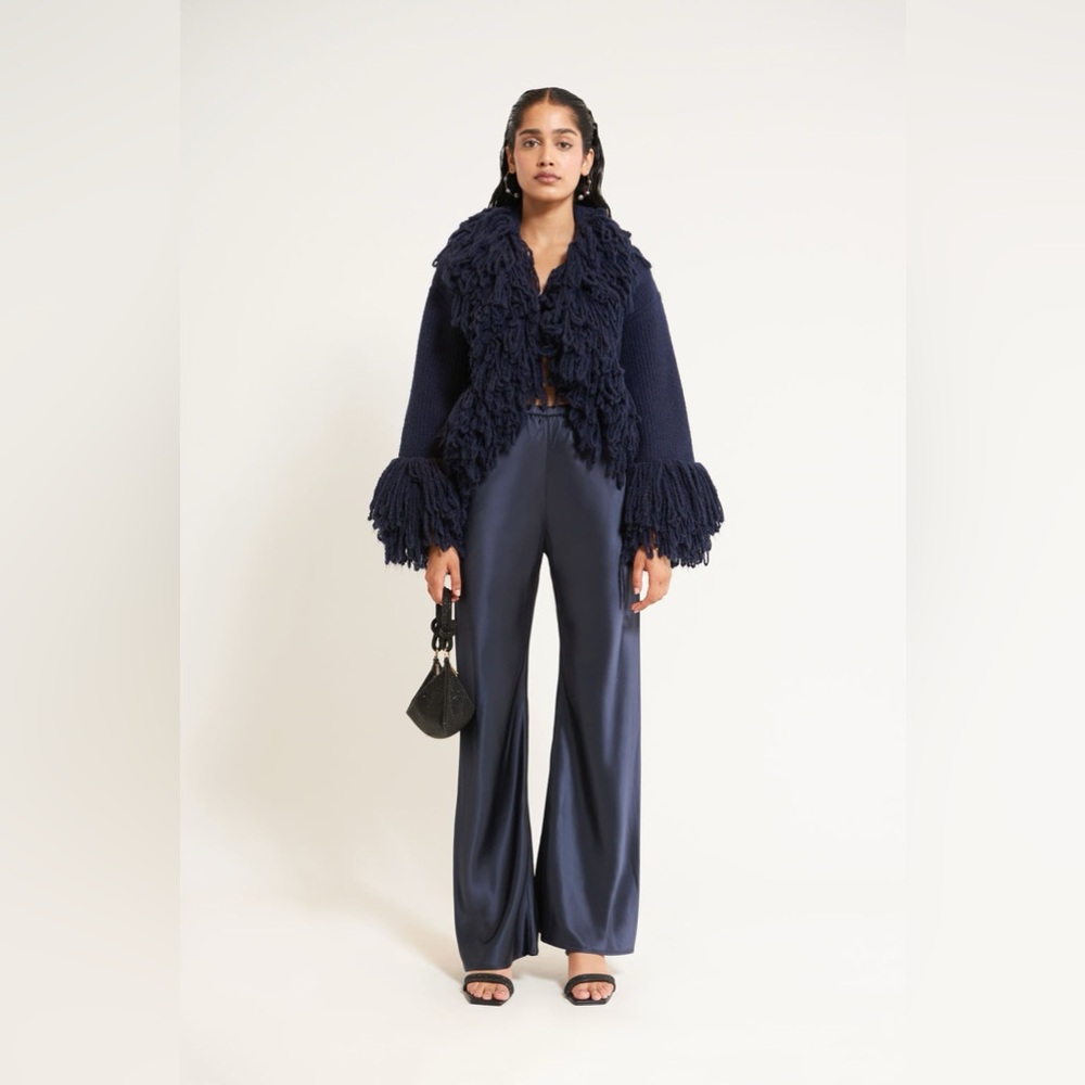 SOLD OUT NWT Cult Gaia Navy Blue Fauna Shaggy Knit Fluffy Collar Cardigan Sz XL